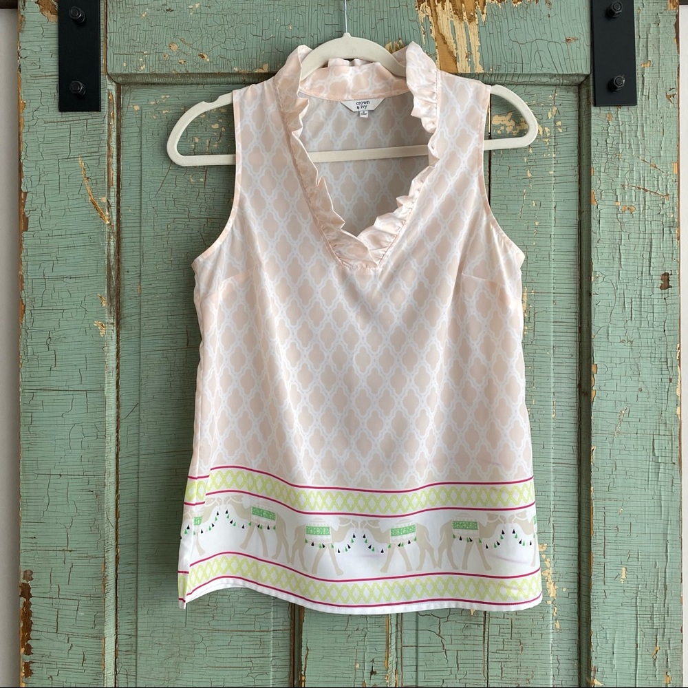 Crown & Ivy Ruffle Neck Blouse with Camel And Damask Pattern
